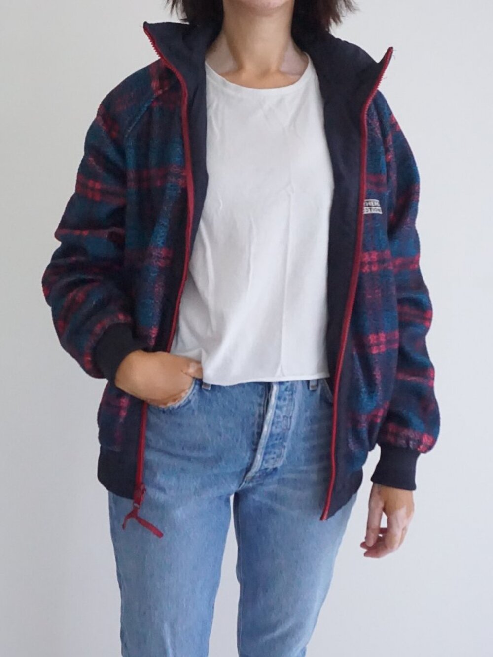 Vintage Northern Reflections Black Red Blue Tartan Reversible Bomber Jacket S